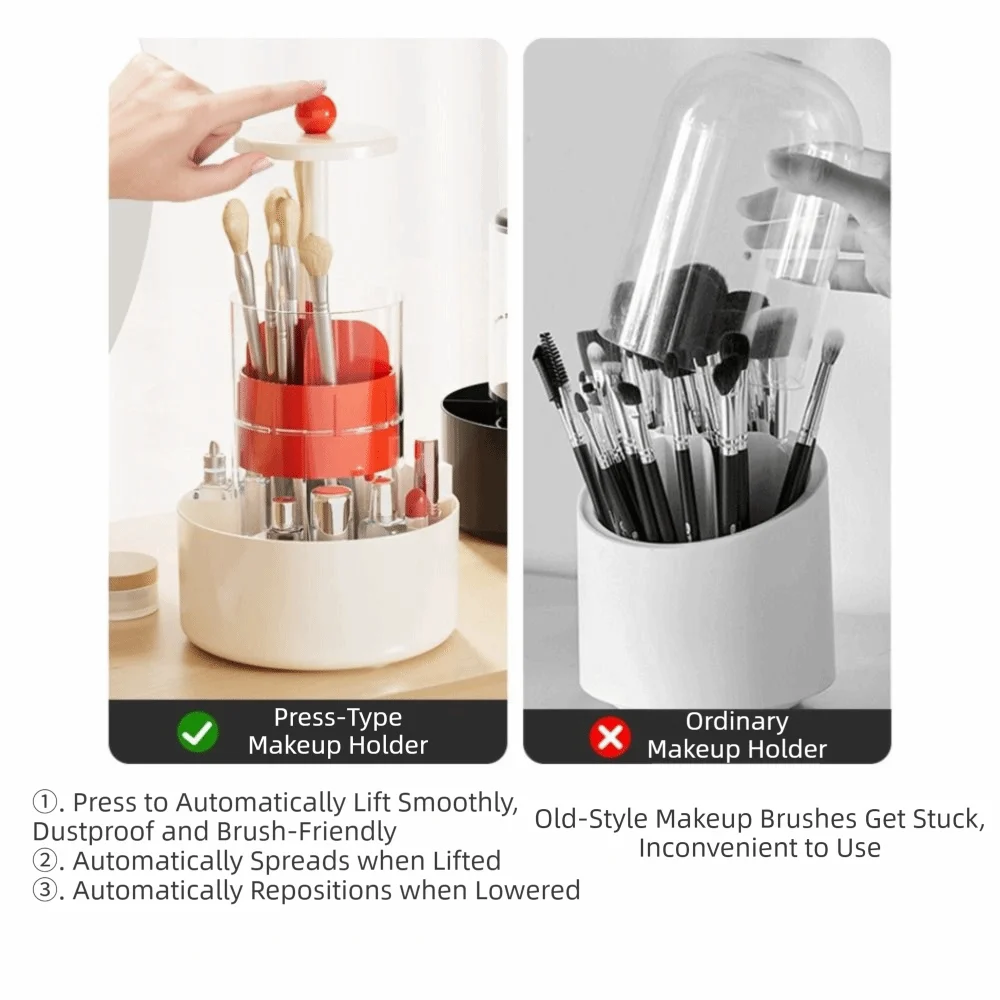 4 Slots Makeup Brush Holder Plastic Material Press Type Cosmetic Storage Box Lifting Design 360-Degree Rotatable