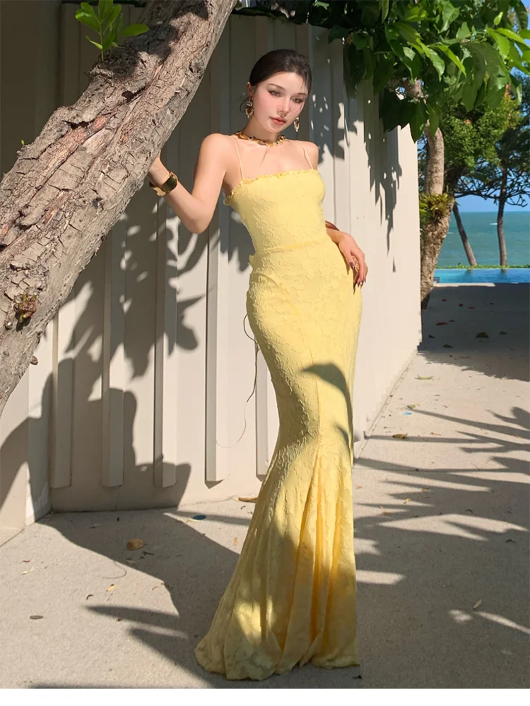 

Elegant Sexy Spaghetti Strap Party Dress for Women Backless Sleeveless Lace-up Bodycon Evening Dresses Summer Holiday Beach Robe