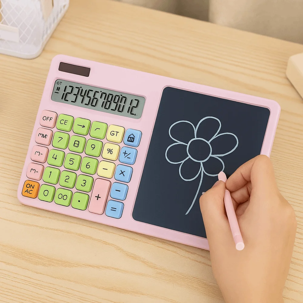Taschenrechner mit großem LCD-Display und Schreibtafel, solarbetriebener, löschbarer 12-stelliger Solarrechner mit Stift und großer Taste