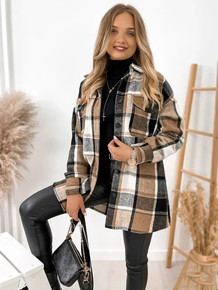 

Women's Fashion Popular Fashion Long Sleeved Single Breasted Shirt Checkered Printed Shirt Collar Women's Wool Jacket