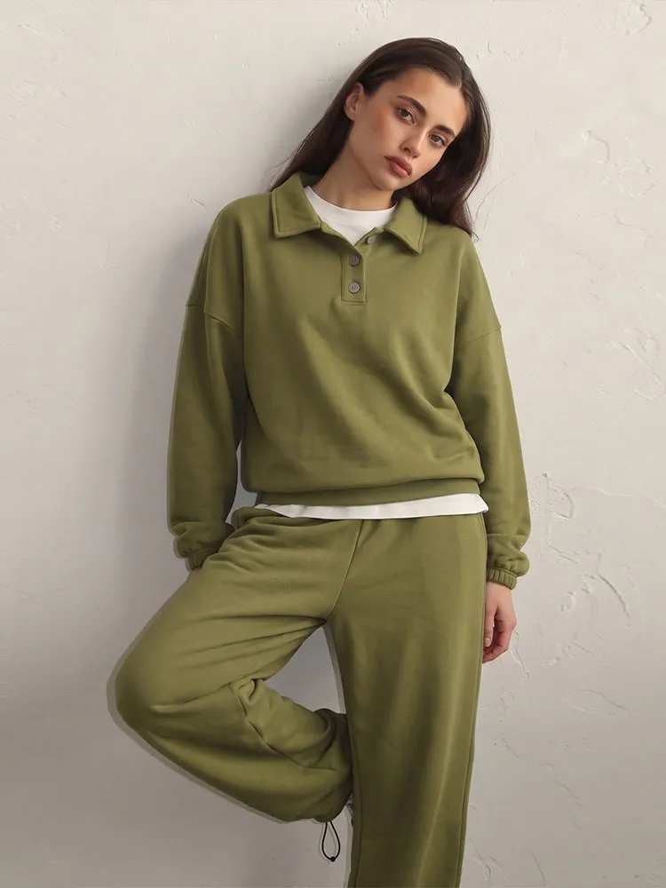 Damen-Hosenanzug 2-teilig Polokragen Langarm-Sweatshirt Pullover Elastische Taille Hose Streetwear Einfarbiger Oversize-Trainingsanzug – Detail 18