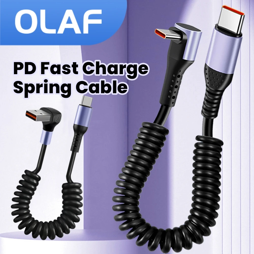 Spring Retractable Cable USB Type C 6A 66W Fast Charging 90 Degree Type C To USB C Cable For iphone Android CarPlay Data Cord