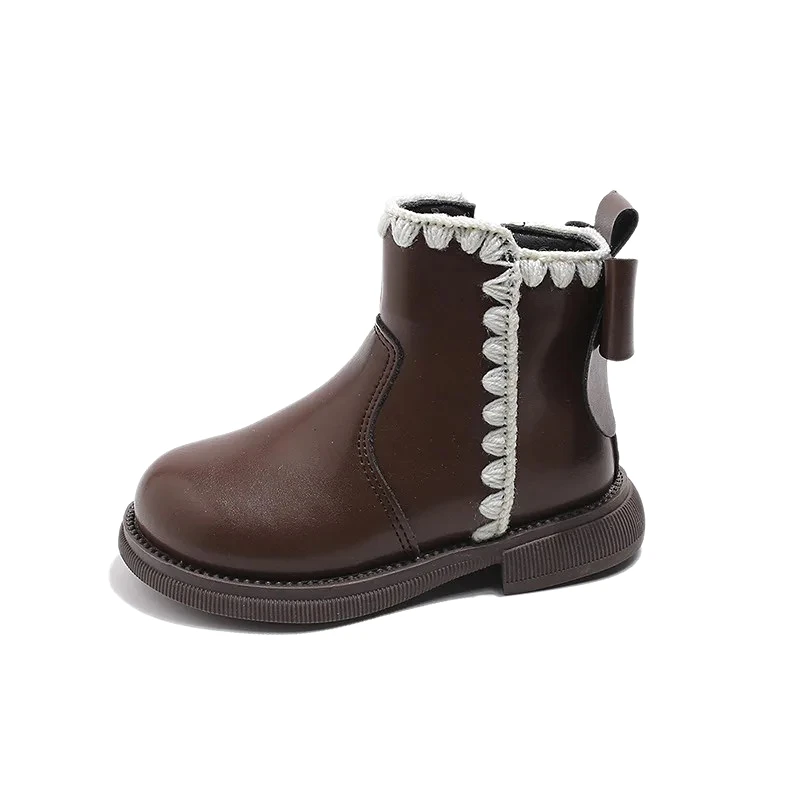 

Winter Girls Plush Lined Winter Boots Bown Design Pu Leather Warm Fur Zip Kids Fashion Boots Non-slip Luxury Girls Casual Shoes