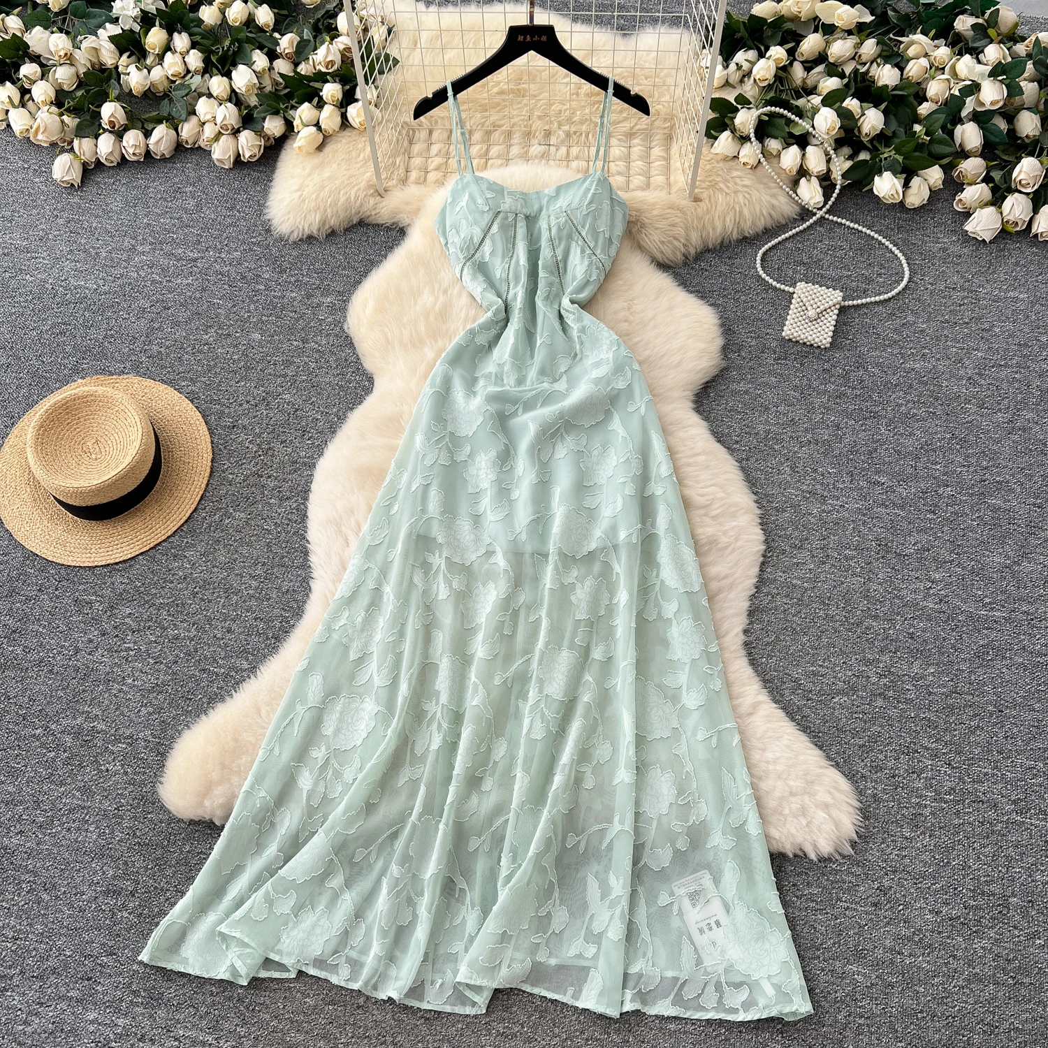 Chic vintage jacquard sin mangas delgado elegante Hada moda coreana Boho vestido veraniego ropa de mujer vestido largo