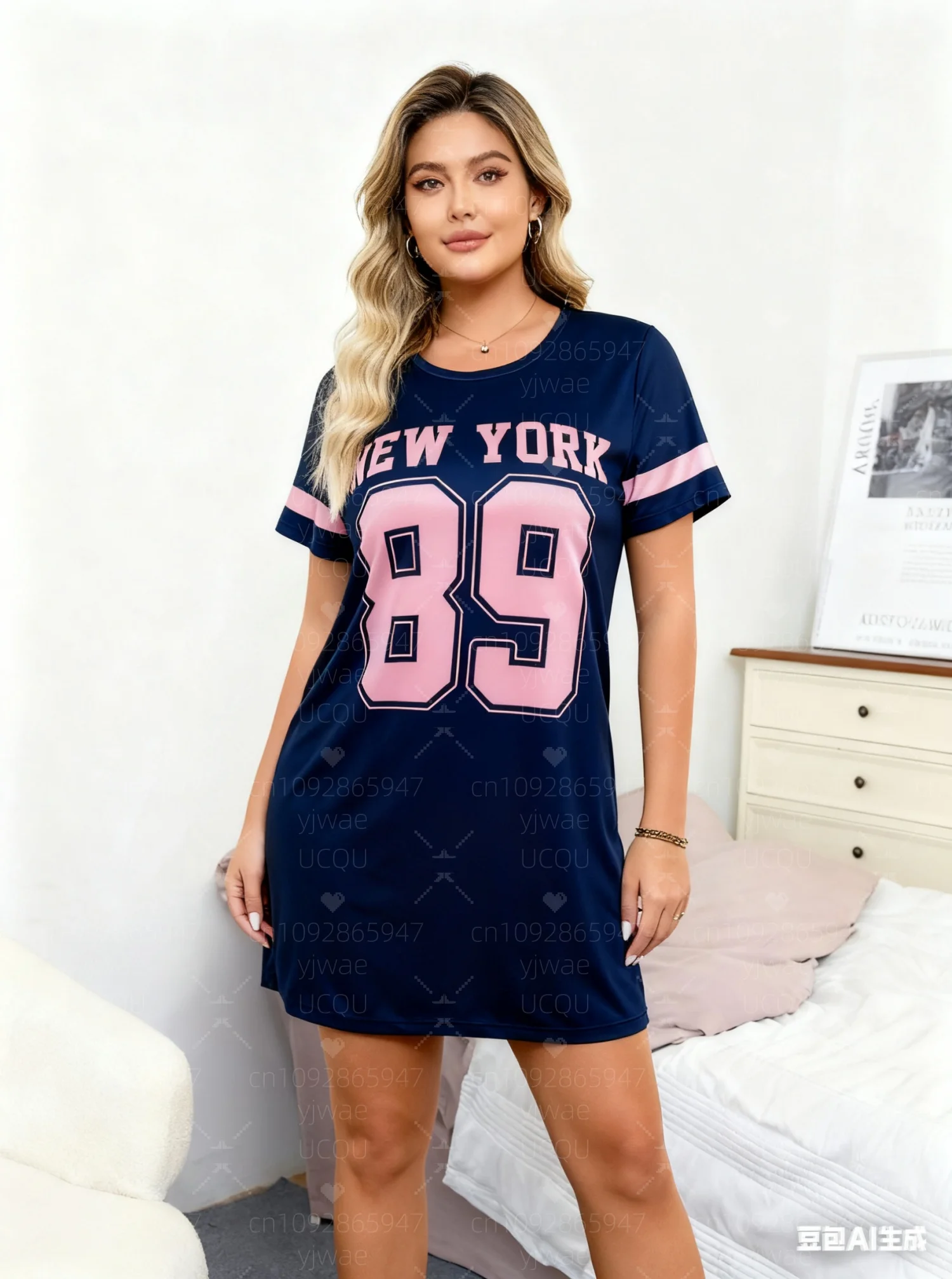 2025 Zomer Polyester Vrouwen T-Shirt Jurk Losse NEW YORK Print O-hals Dame Korte Mouw Trui Jurken Vrouwen Kleding