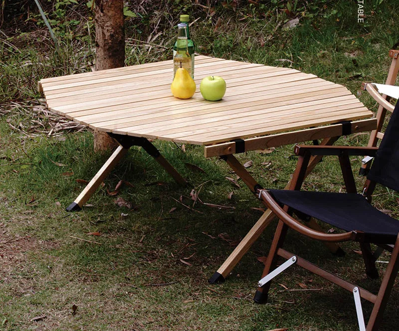 Beech Octagonal Egg Roll Table Outdoor Folding Table Chair Set Portable Camping Barbecue Solid Wood Folding Table