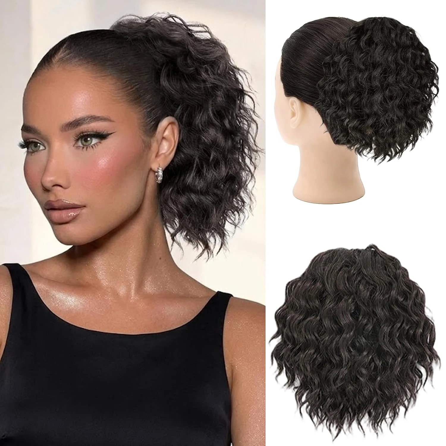 8 Inch Short Wavy Curly Ponytails Drawstring Ponytail for Black Women Chocolate Brown Pony Tails Hair Extensions Synthetic