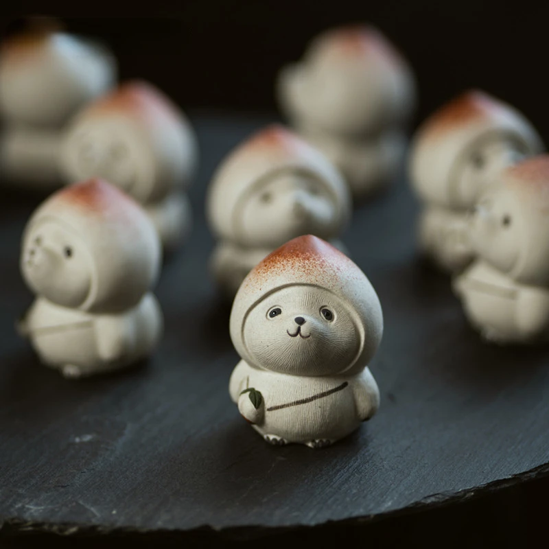 Panda Tea Pet with Peach Hat Peach Model Ornaments Yixing Purple Clay Tea Pet Tea Figurine Crafts Chinese Lucky Tea Set