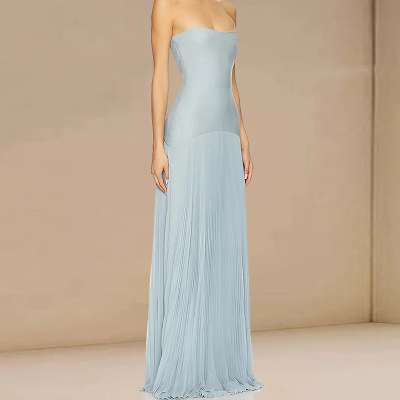 أنثى قبالة الكتف عالية الخصر بلون مساء اللباس أزياء الصيف فساتين عارية الذراعين مثير حمالة سليم مطوي فستان طويل #2