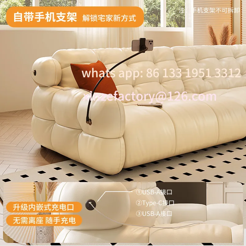 

Customizable French Cream Style Living Room Small Apartment Piano Keys Straight Row Marshmallow Leather Sofa