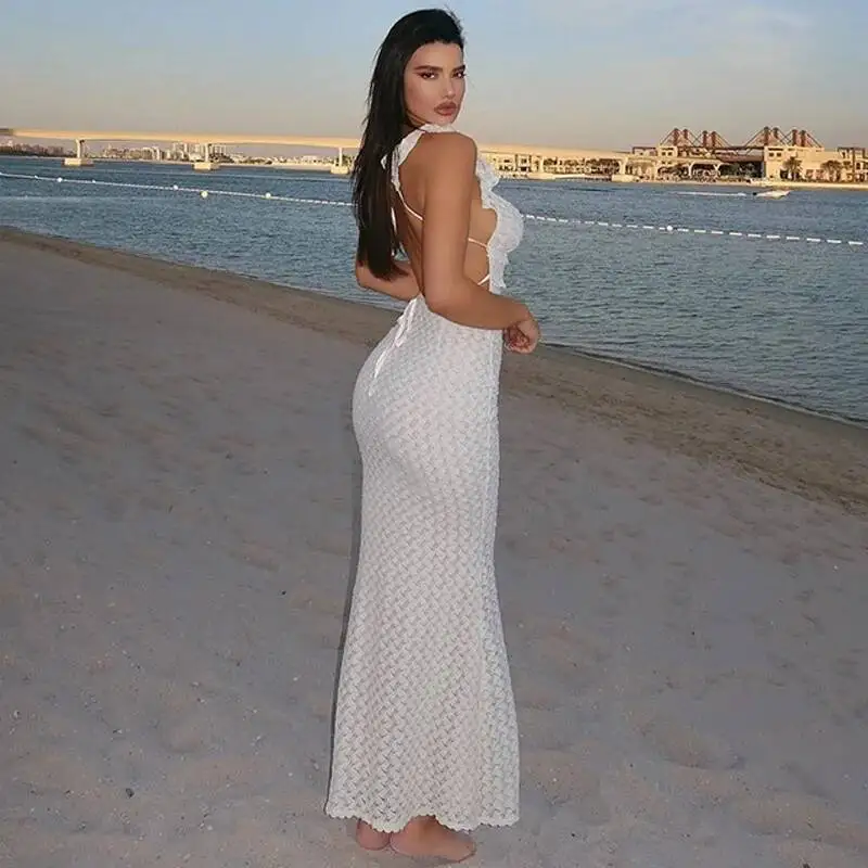 Cryptographique élégant cravate détail Sexy découpé dos nu Robe fête Club tenues été voir à travers sans manches Robe Robe nouveau