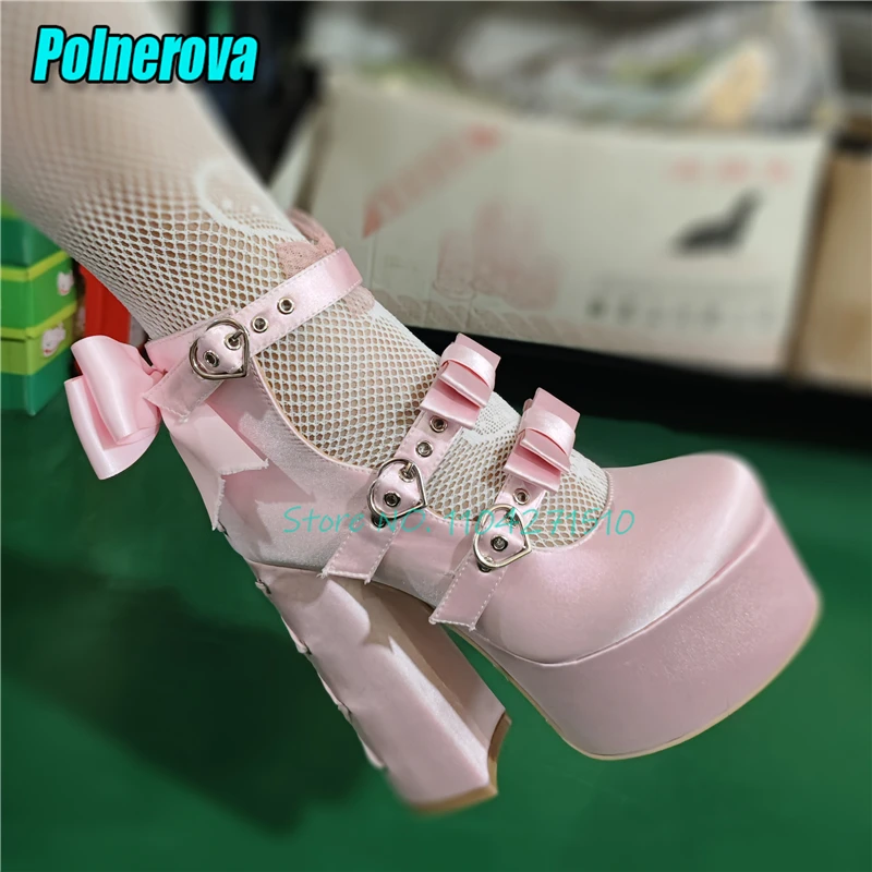 Sweet Pink Satin Bowknot Lace Mary Janes Shoes for Women Elegant Ladies Thick High Heels Summer Chunky Platform Lolita Pumps