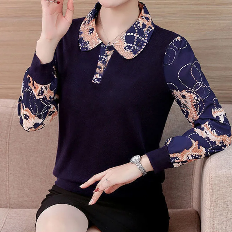 

Spring Autumn Women's Clothing Vintage Fake Two Pieces Polo-Neck Tops Printing Spliced Long Sleeve Pullovers T-shirt Female