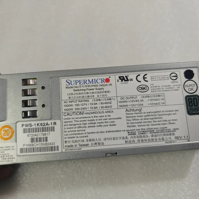 for Ultramicro PWS-1K62A-1R 1600W Power Supply Unit for 2023US-2 Model High Efficiency Compact Design Reliable Performance