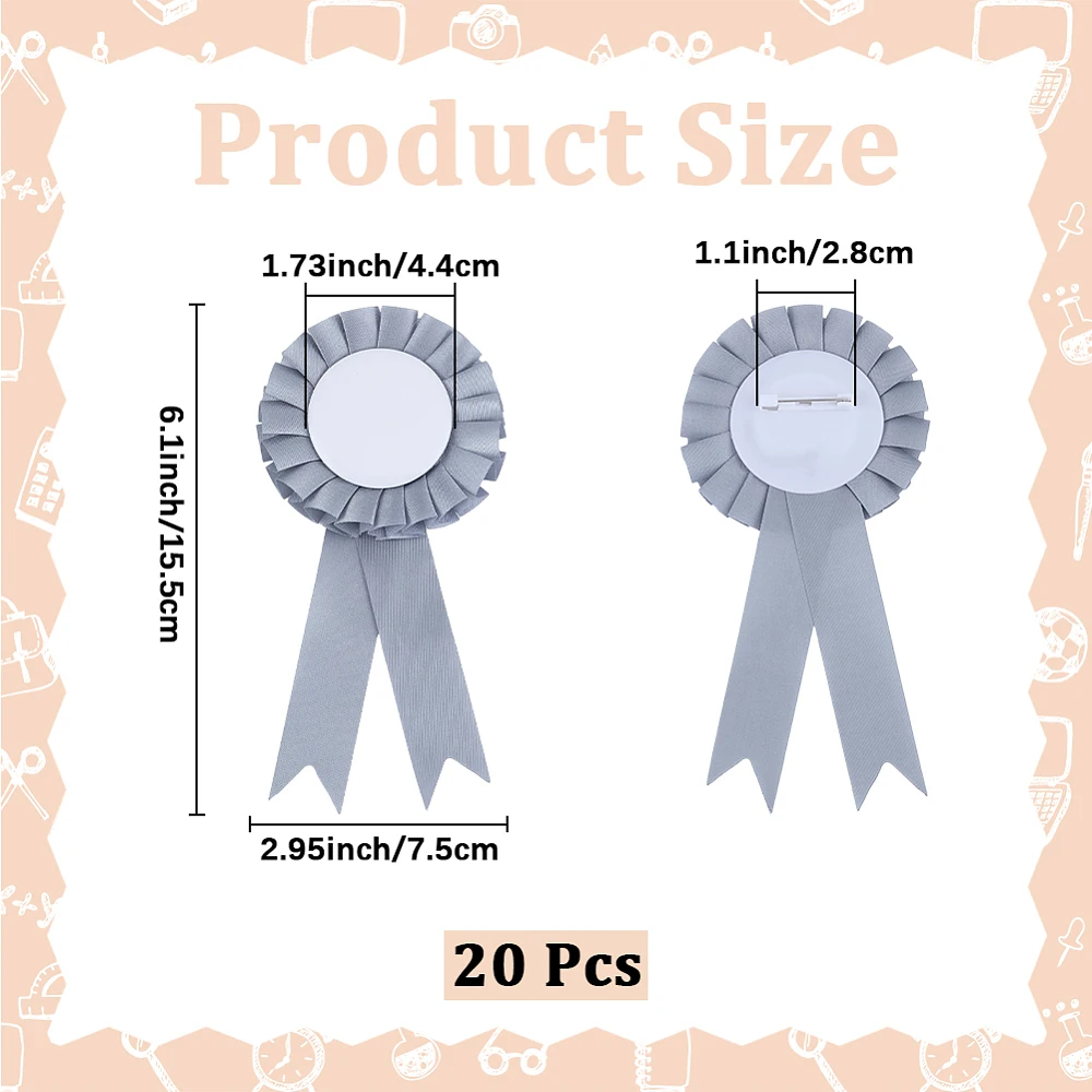 20Pcs Gray Blank Award Ribbon Rosette Ribbon Grand Prize Button Pin Brooch Winner Victory Ribbons for DIY Classroom Party