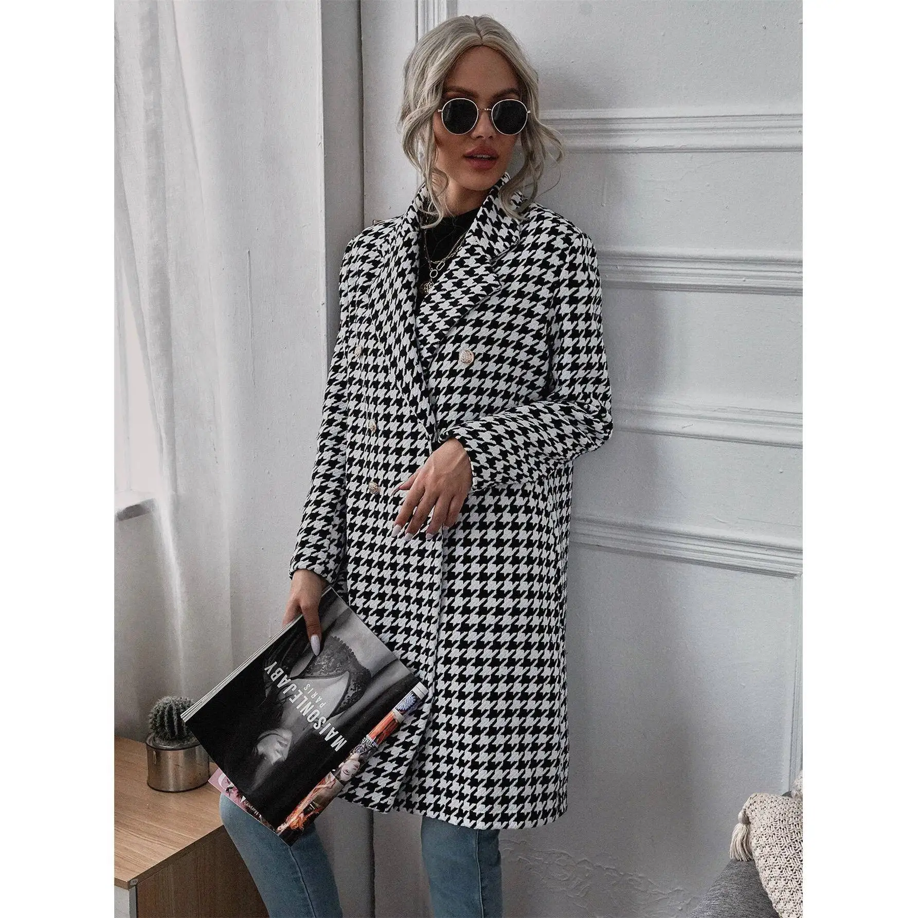 Faionable Plaid Print Long Large Size Coat Autumn Winter New Arrival Women's plus Size Outerwear Sli Cheered Pattern