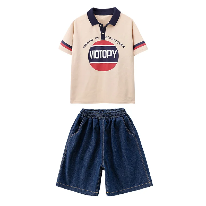 Kid Hip Hop Clothing Letter Print Polo Shirt Tee Top Casual Denim Blue Wide Jeans Shorts for Boy Girl Jazz Dance Costume Clothes