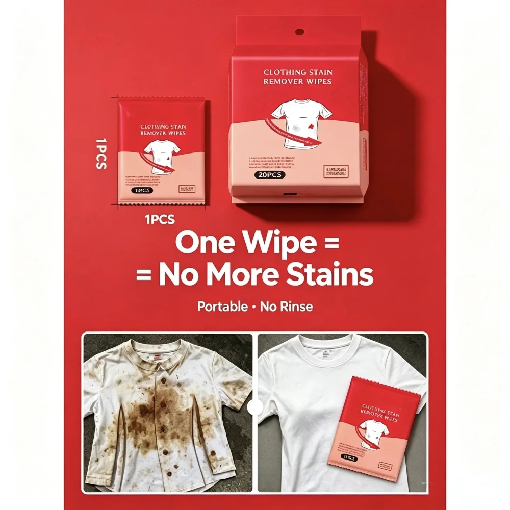 1Bag 20Pcs Clothes Stain Removal Wet Wipes Individual Wrapped Cleaning Wipes For Clothes Fabric Mini Instant Cleaner