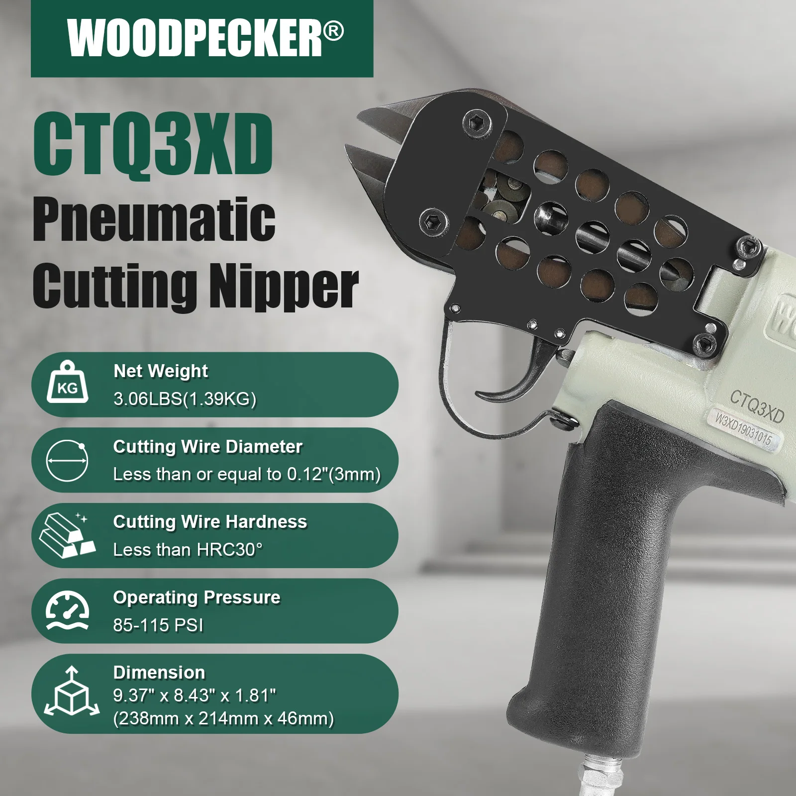 WOODPECKER CTQ3XD Pneumatic Cutting Nipper, 3mm Diameter Wire Cutting, Air Power Wire Shear, Cutting Wire Tool