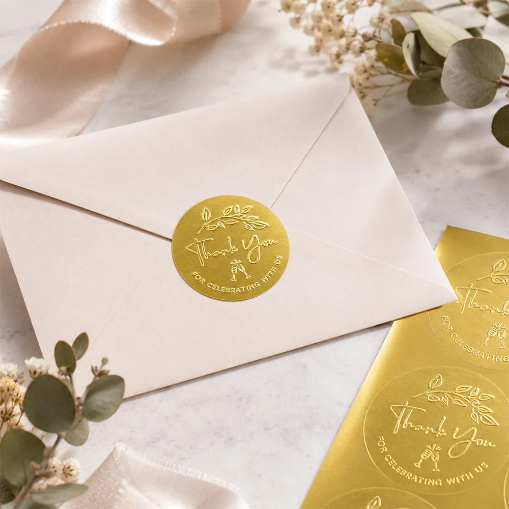 100PCS Thank You for Celebrating with Us Stickers, 10sheets Gold Foil Labels for Wedding Party Favor Bags,Baby Shower Decoration