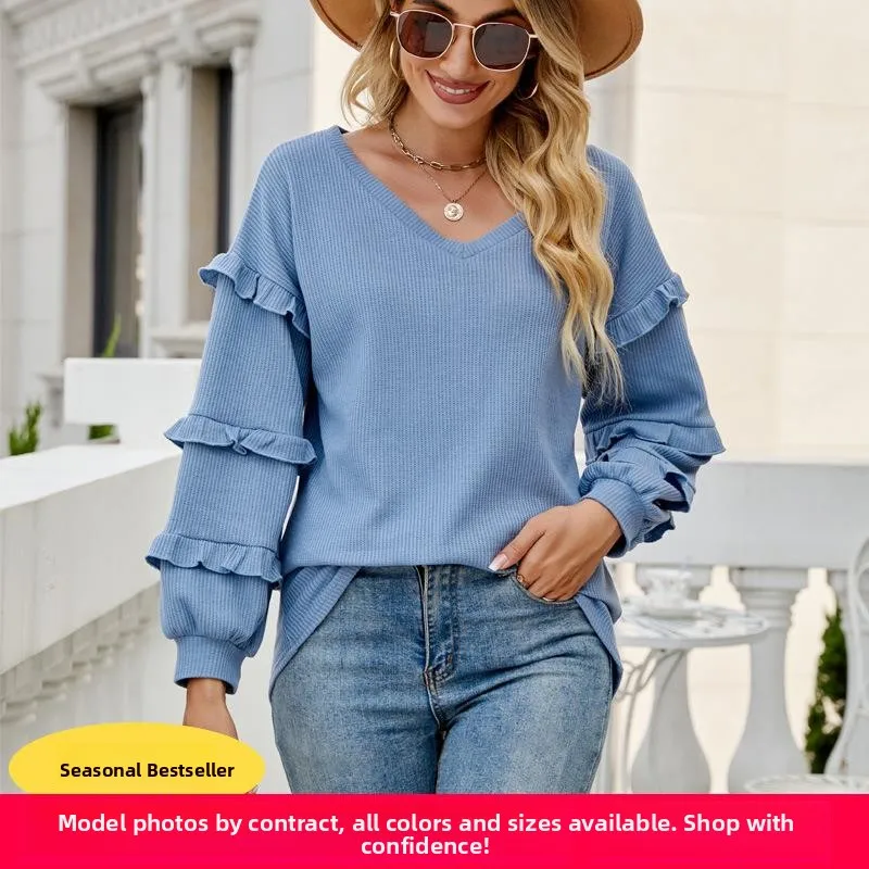 

Ele Women's Ruffled Collar Top Floral Lace Trim Knitted irt Casual Chic Sle Regular Sve Winter Faion Ladies' Wear