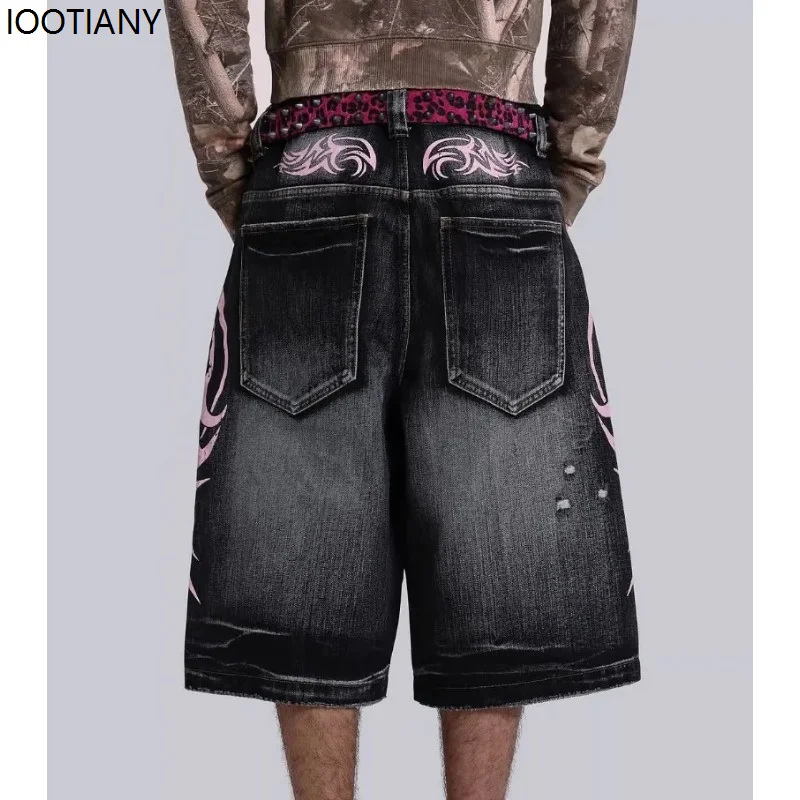 Gothic Pattern Print Women's Short Jeans Y2k Ripped Retro Harajuku Washed Straight Loose Hip Hop Street Wide Leg Cropped Pants