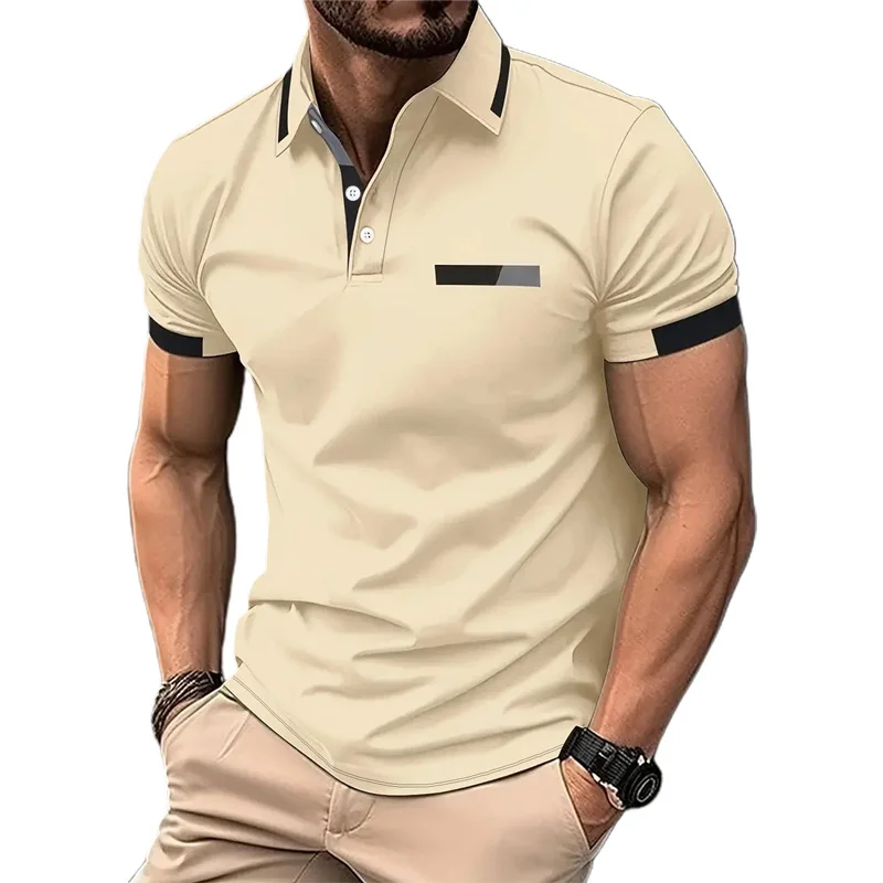 Fashion Men's Contrast Trim Design Polos Casual Lapel Button Short Sleeve Print Polo Shirt Men's Clothing European Measurement