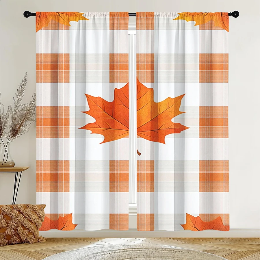 2PCS Digital Print Curtain, Orange White Plaid with Large Maple Leaf, Fall Rustic Farmhouse Style for Living Room Bedroom Decor
