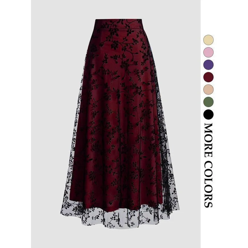 Solid Color Retro 50s tulle skirt vintage woman girls Elegant Summer Two Layer  Casual wear lace mesh skirt