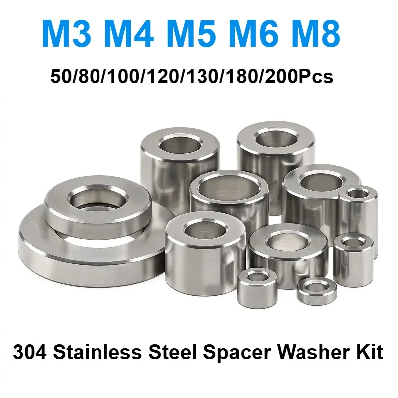 304 Stainless Steel Flat Washers Assortment Kit, M3 M4 M5 M6 M8 Metric Round Gasket Set for Bolt Screw Fastener Hardware
