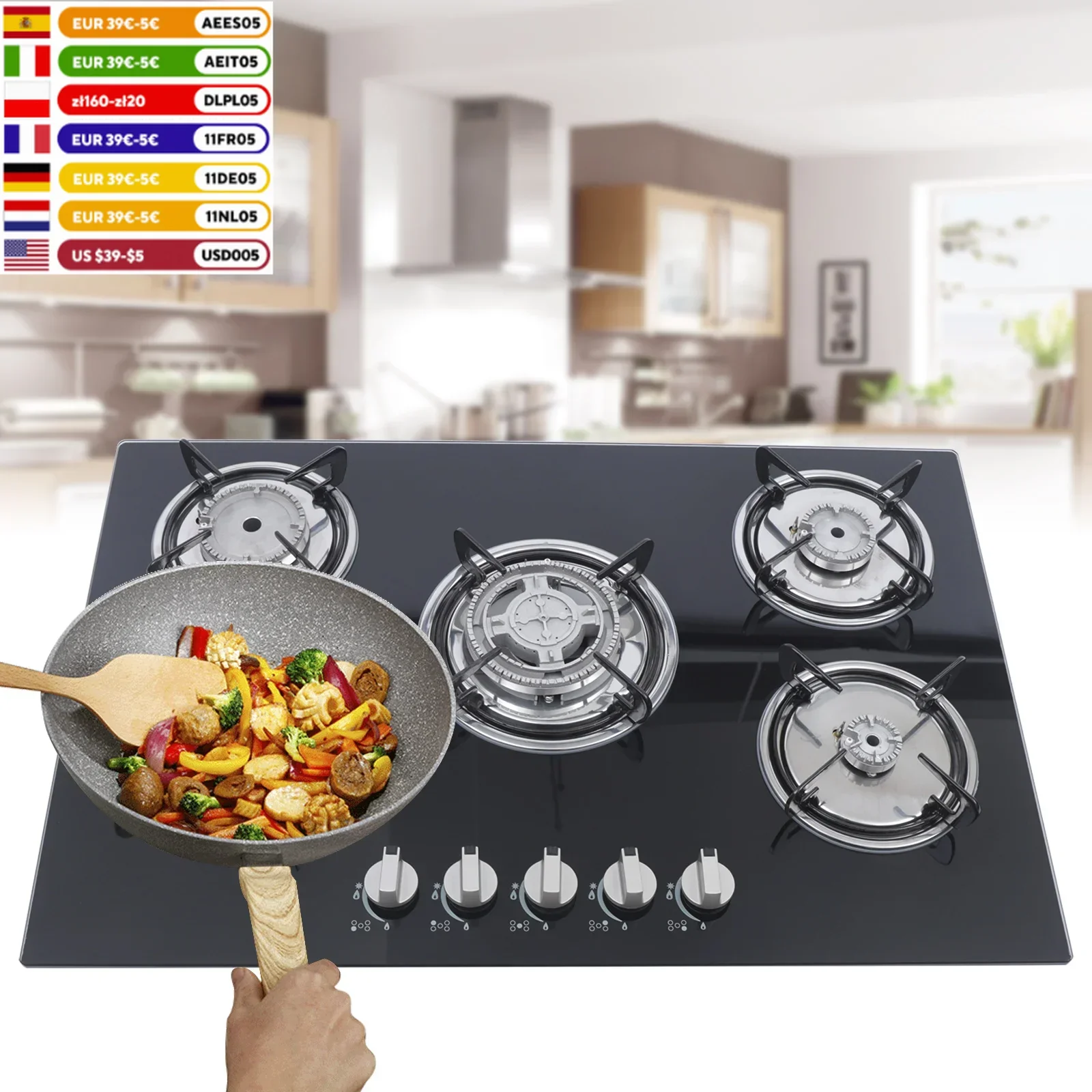 Kitchen 5 Burners Built-in Gas Hob Cooktop Tempered Glass Surface & Porcelain Enamel Grates for Natural Gas Lpg Gas