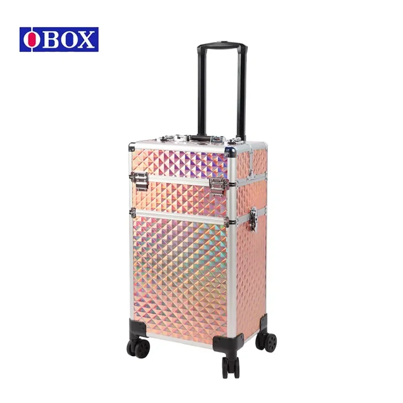 OBOX Wholesale 3 in 1 Nails Barber Professional Rolling Makeup Trolley Case Artists Storage Case Aluminum