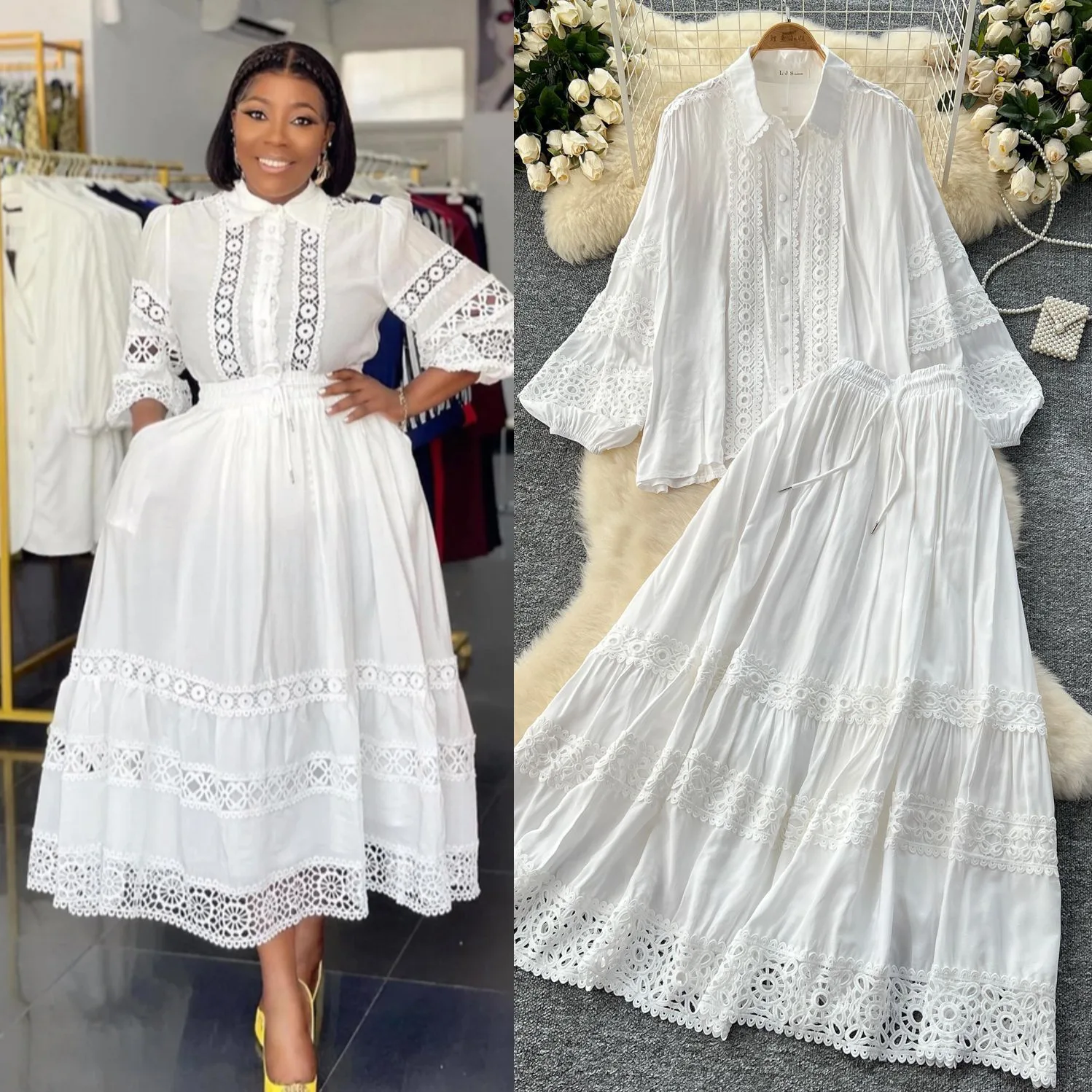 Women Two Piece Sets Skirt Set Lantern Sleeve Turn Down Collar Tops Long Skirts A Line Lace Hollow Out High Waist Elegant Work - view 2