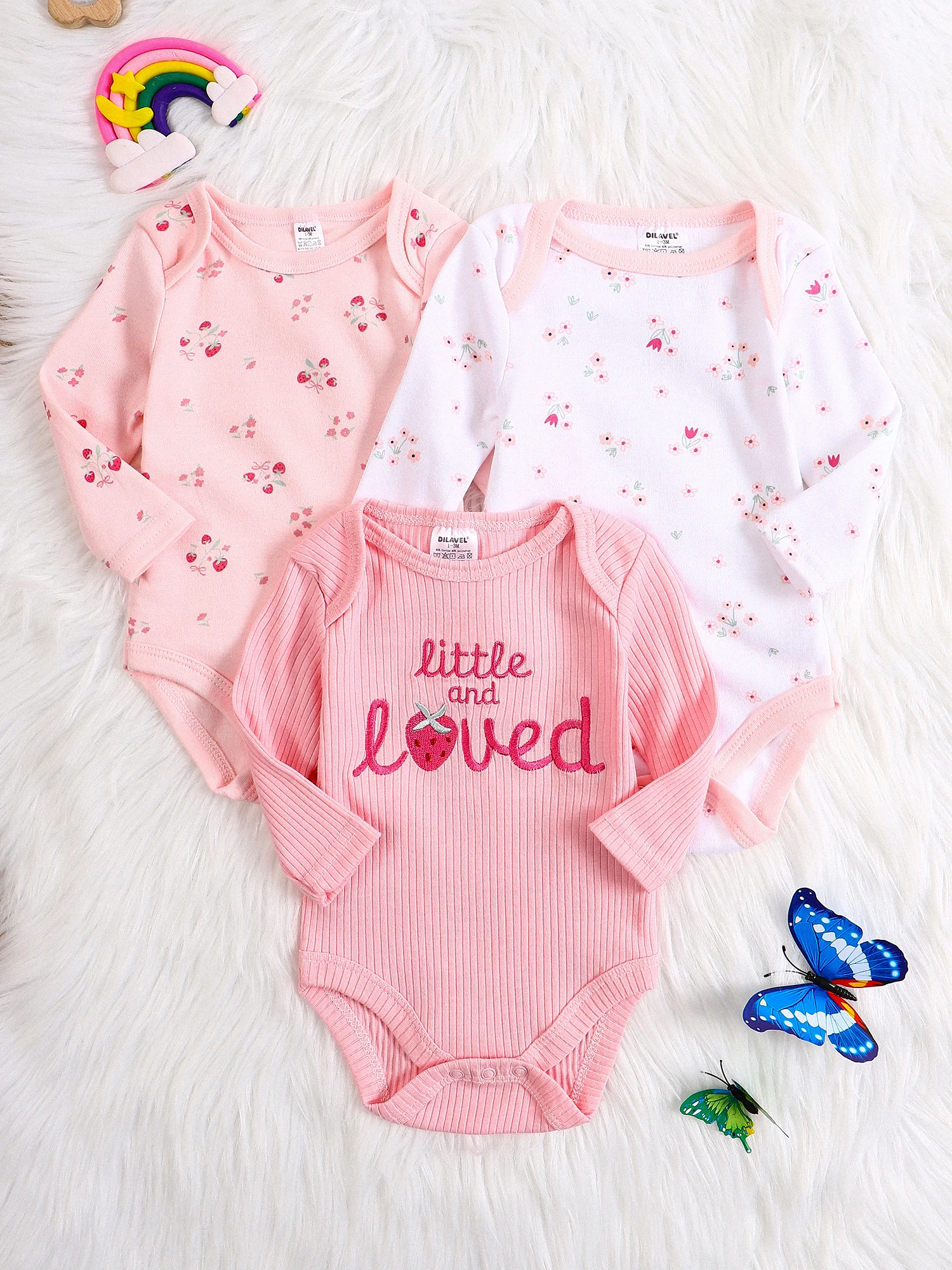 3-teiliges Baby-Mädchen-Strampler-Set, neuer Stil, Baby-Mädchen-Kleidung, Frühling/Herbst, langärmeliger Strampler aus Baumwollstoff, geeignet für 0-9 Monate – Detail 1