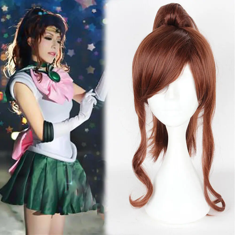 Sailor Jupiter Cosplay Wig Long Brown Straight Ponytail Bangs Synthetic Hair