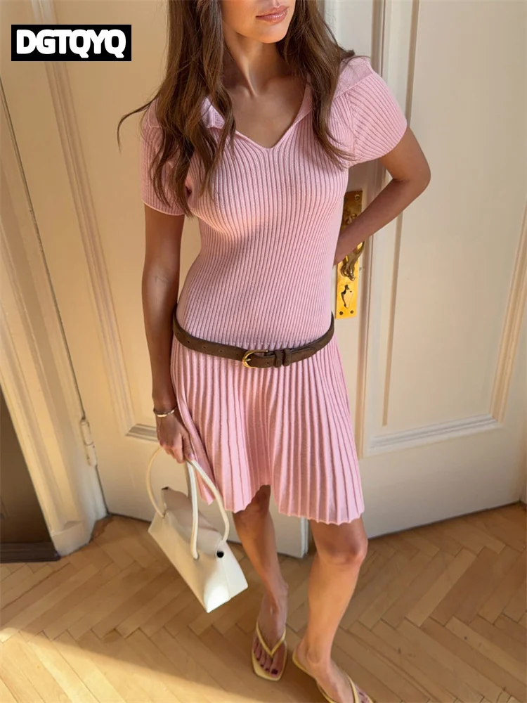 2026 New Fashion Knit Ribbed Mini Dress Women's Lapel Slim High Waist Commute Elegant Party Dress Female Knitwear Dress Vestidos