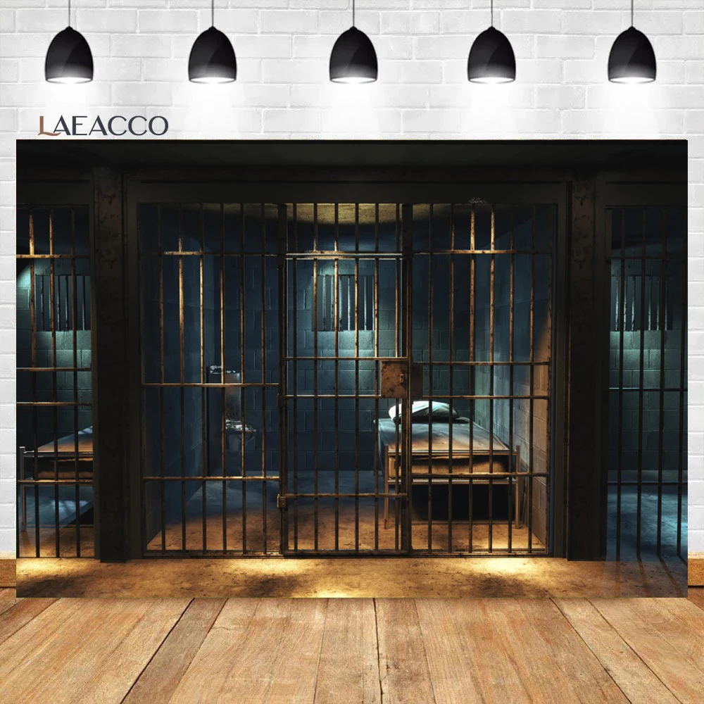 Laeacco Prison Dark Scary Jail Cell Bars Backdrop Crime Scene Picture Mugshot Birthday Party Portrait Photography Background