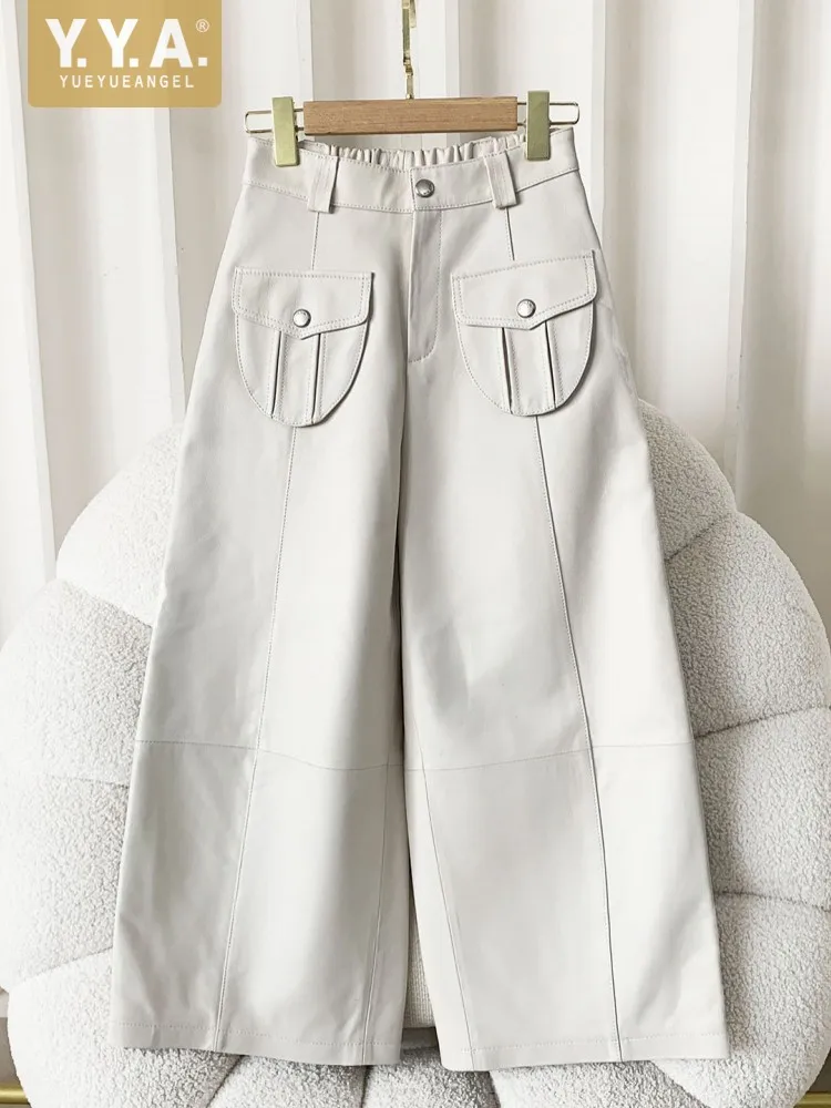 Autumn Winter Women Casual Sheepskin Genuine Leather Straight Wide Leg Pants Solid Color Fashion Lady Pocket Ankle Length Pants