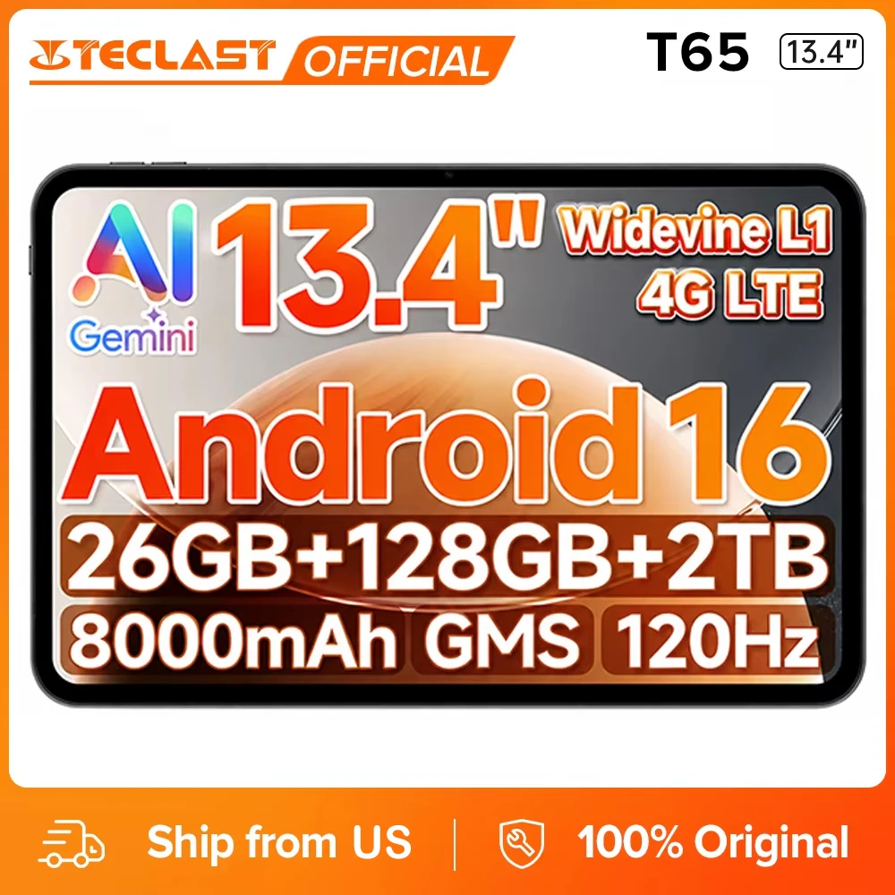 TECLAST T65 13.4 inch Tablet FHD 1920x1200 120Hz IPS 16:10 Android 16 Unisoc T7280 Octa-Core 26GB (6GB RAM + 20GB Virtual) 128GB 4G LTE Dual SIM Dual Band WiFi 8000mAh Widevine L1 Netflix GPS Global Version With Case