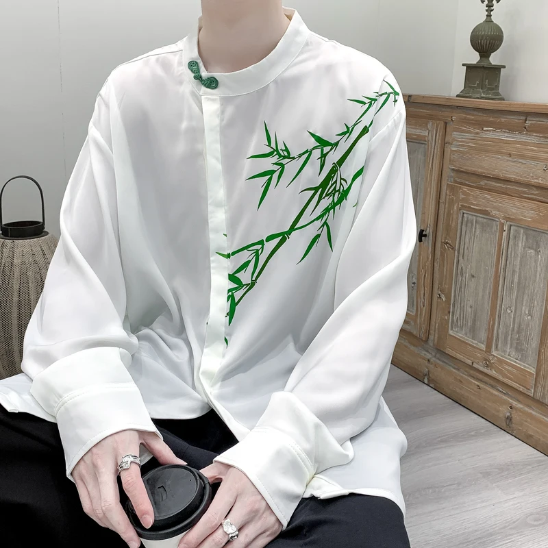 

Новая мужская рубашка в китайском стиле с длинным рукавом, с бамбуковым принтом, в стиле ретро, весна-осень, модная, свободного кроя, молодежная