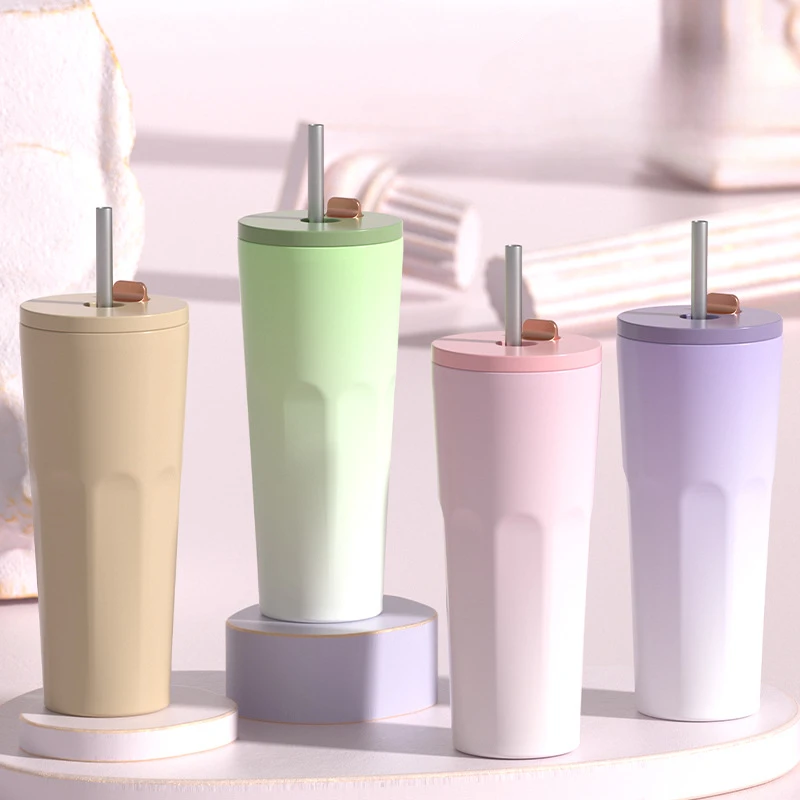 

700ml Large Capacity Gradient Stainless Steel Thermoses Automatic Vacuum Cup with Straw Colorful Girls Protable Water Bottles