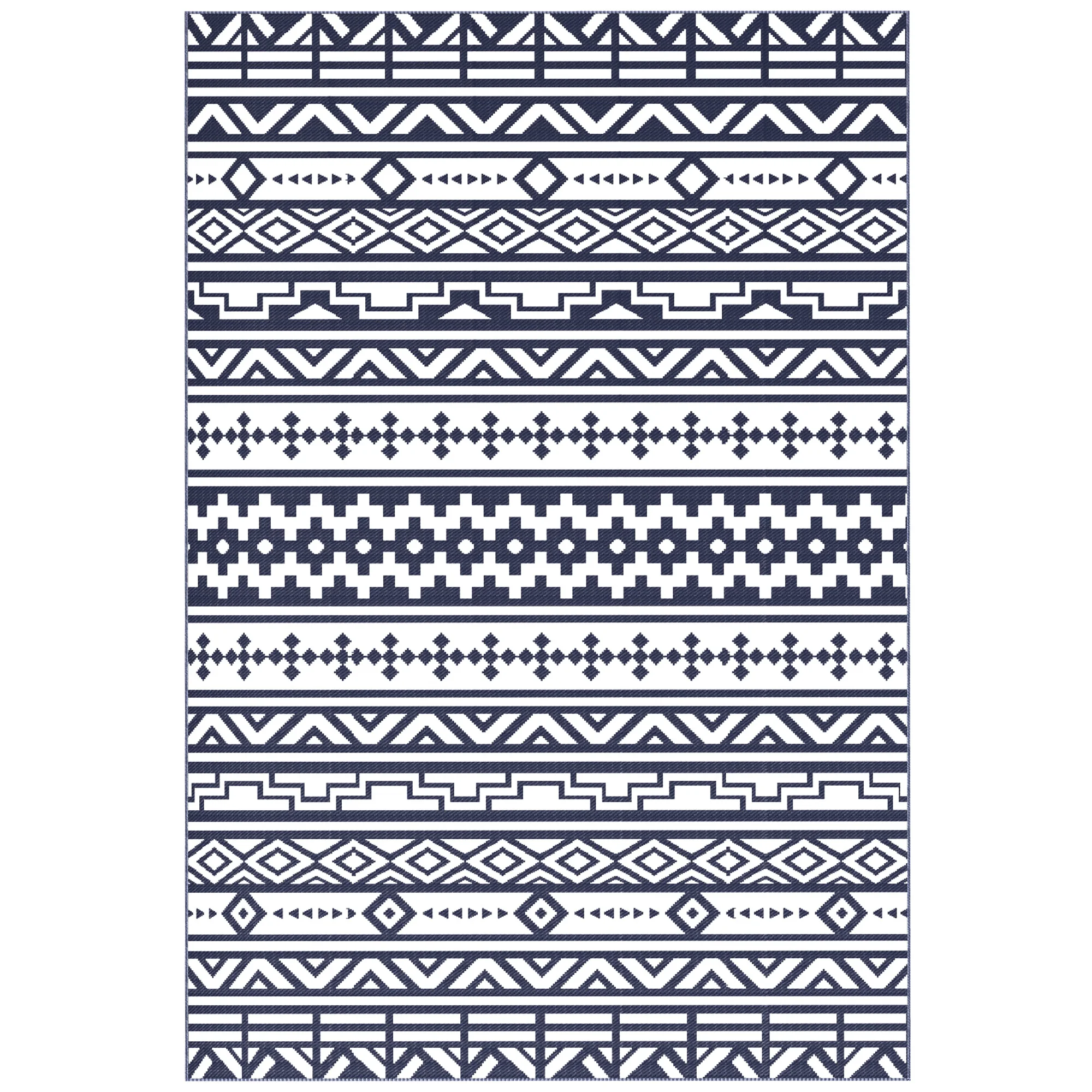Outdoor Rug, 6' x 9' Plastic Straw, Blue & White Geometric Wall