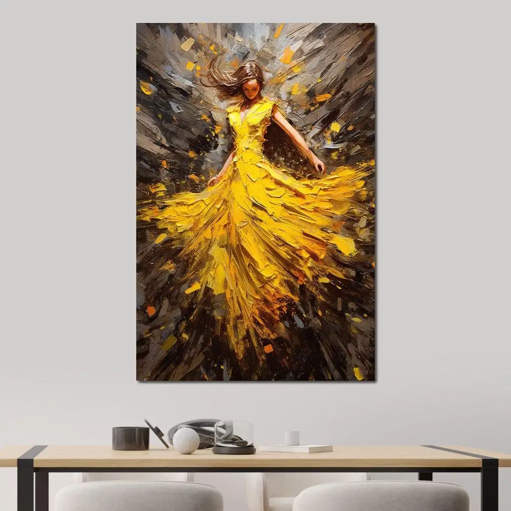 Enchanting Pirouettes: Dancing Woman in Yellow Dress Elegant Large size Wall Art Modern Home Decor Fine Art Print Home Decor