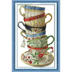 Joy Sunday Pre-printed Cross Stitch Kit  Easy Pattern Aida  Stamped Fabric Embroidery Set-Elegant Coffee Cup