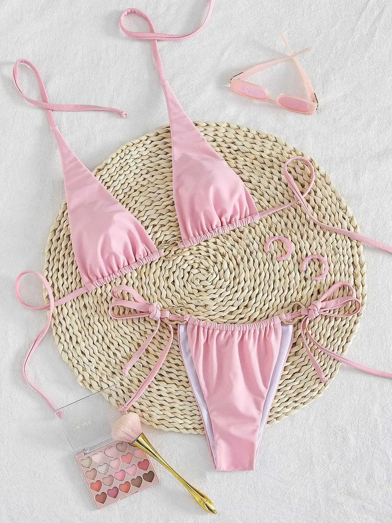 sexy plain red pink metal ring bikinis sets two pieces halter back tie thong swimsuits bathing suit swimwear biquini tankini