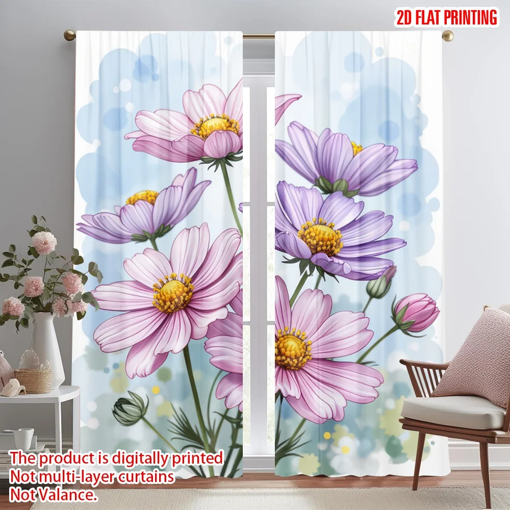 

2D flat printing 2pcs Curtain Pastel Cosmos Blooms Digital Printed Polyester Drapes Family Party for Festive for Bedroom Living