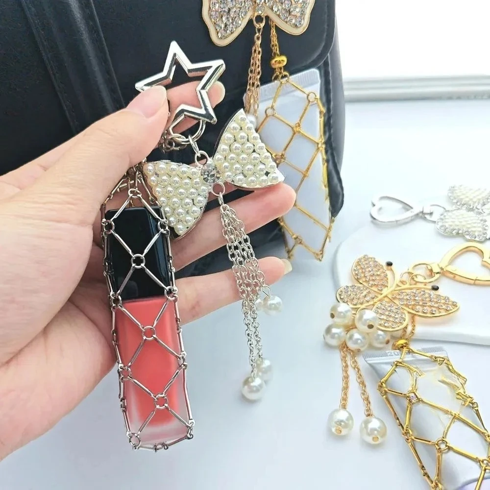 

Stainless Steel Keyring Butterfly Pearl Pendant Lipstick Multifunctional Hand Woven Mesh Pocket Keychain Customizable
