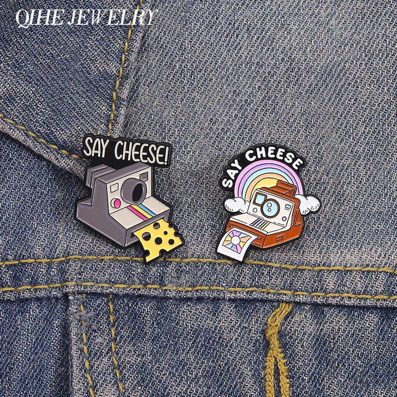 Say Cheese Kamera Emaille Pins Vintage Regenbogen Kamera VCR Foto Broschen Anstecknadeln Schmuck Accessoires Geschenk für Freunde