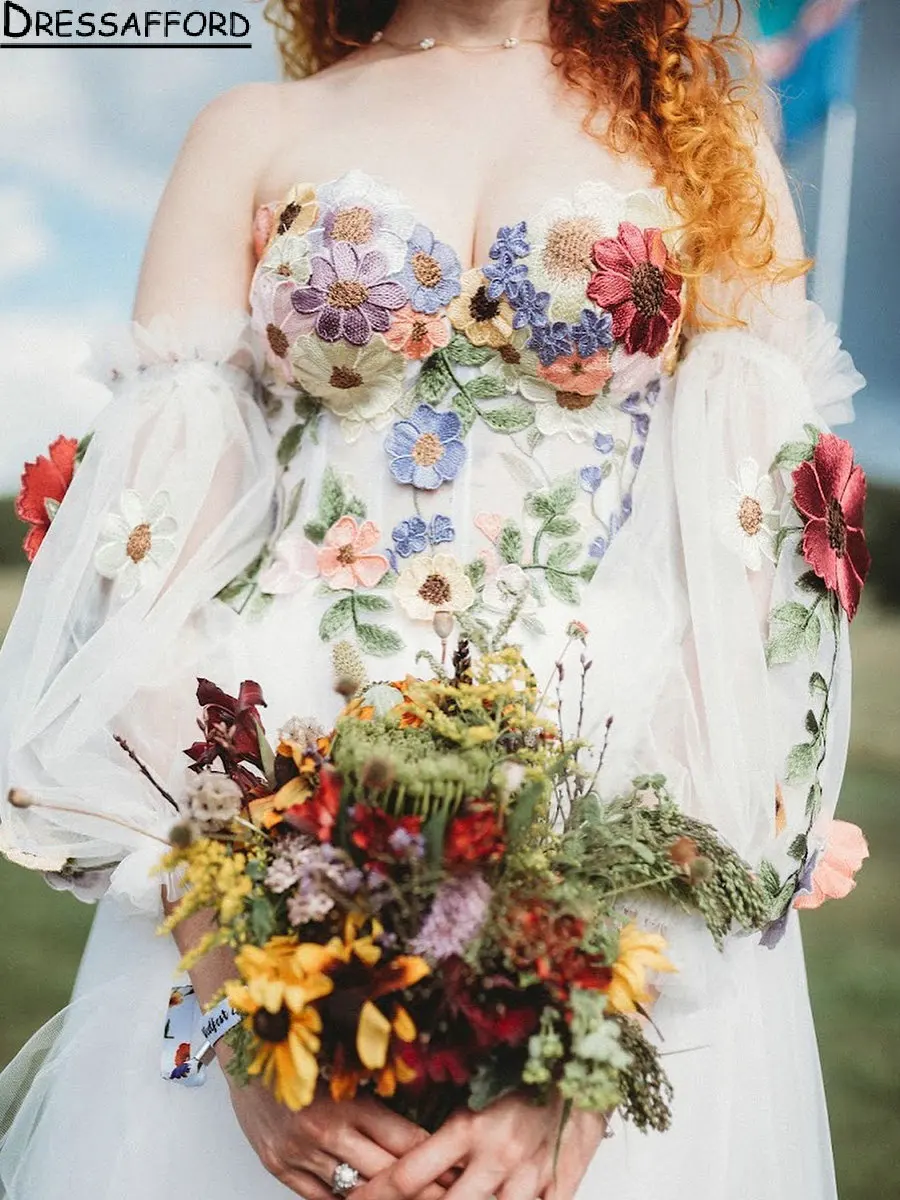 Prachtig Bloemenborduurwerk Korset Trouwjurken A-Line Sweetheart Afneembare Mouw Bruidsjurken Vestidos De Novia