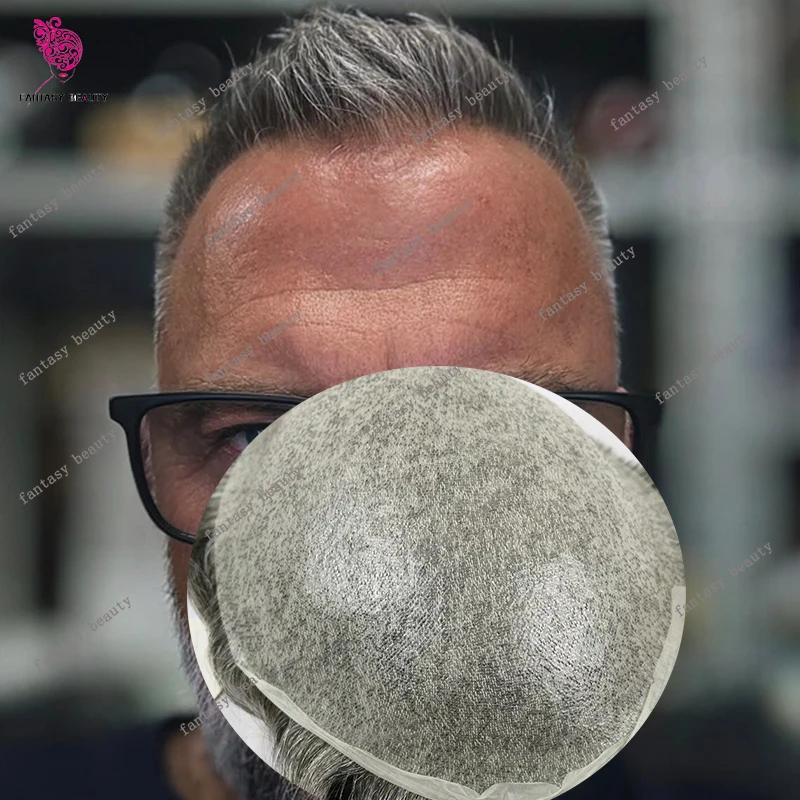 

Низкий вес, 80% плотность, 0,02 мм, тонкая кожа, супер натуральная линия волос, мужской парик, невидимый Vloop, серебристо-серый, 1B65, человеческие волосы, мужской протез